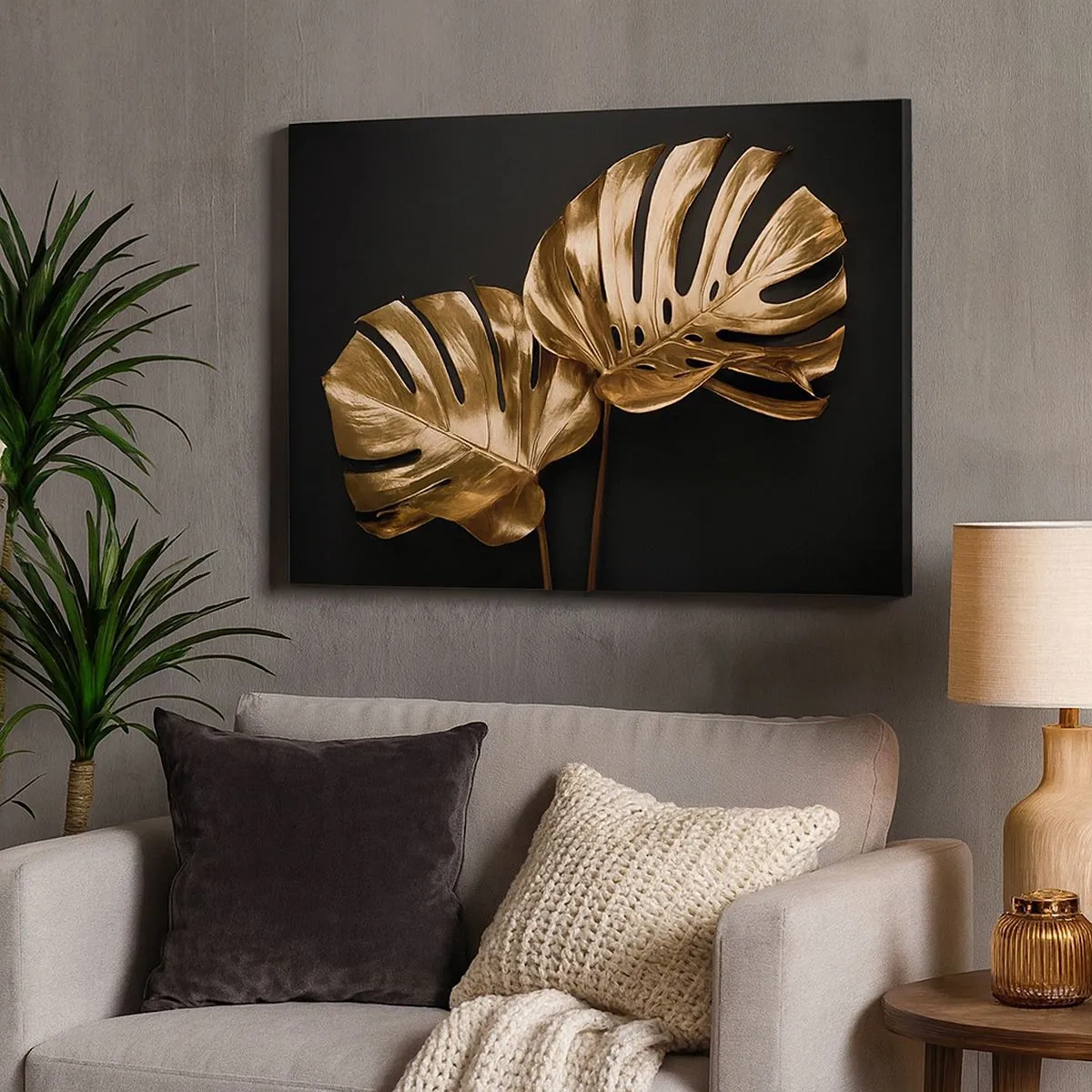 Schilderen op canvas - Gouden monsterabladeren op een zwarte achtergrond - 70x50cm - De schatten van de natuur - Moderne wanddecoratie voor woonkamer en slaapkamer ARTTOR