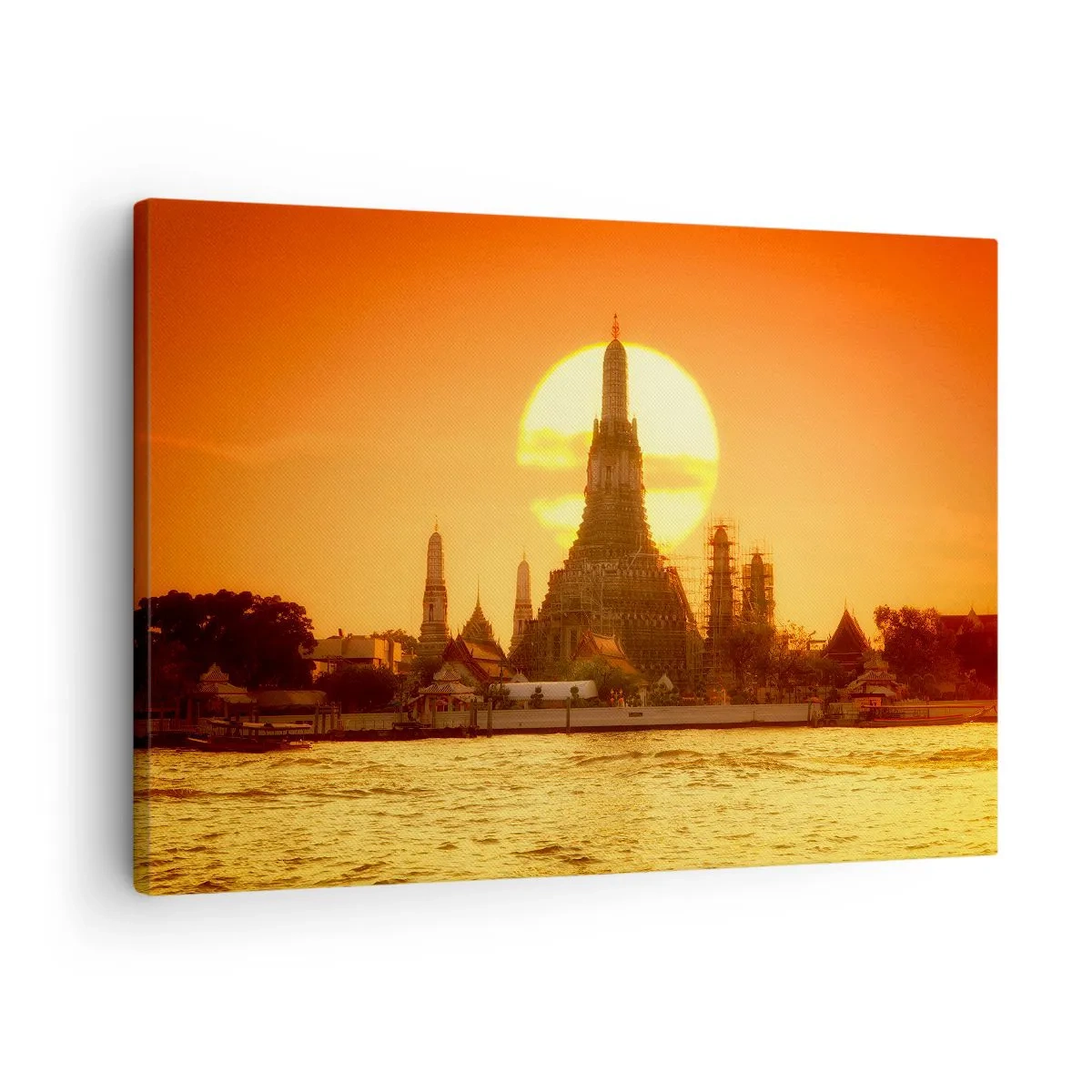 Schilderen op canvas - Zonsondergang boven de tempel met weerspiegeling in het water - 70x50cm - Naar de zon, altijd naar de zon toe - Moderne wanddecoratie voor woonkamer en slaapkamer ARTTOR