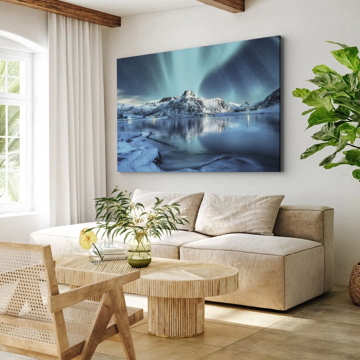 Schilderen op canvas - Aurora Borealis boven met sneeuw bedekte bergen en een meer - 70x50cm - lichtnacht - Moderne wanddecoratie voor woonkamer en slaapkamer ARTTOR