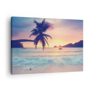 Schilderen op canvas - Strand met een palmboom en een zonsondergang boven de oceaan - 70x50cm - Een avond aan de baai - Moderne wanddecoratie voor woonkamer en slaapkamer ARTTOR
