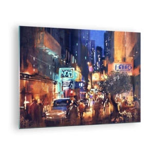Schilderen op glas - Schilderachtig nachtelijk stadsbeeld met neonlichten en straatverkeer - 70x50cm - En de stad is wakker - Moderne wanddecoratie voor woonkamer en slaapkamer ARTTOR