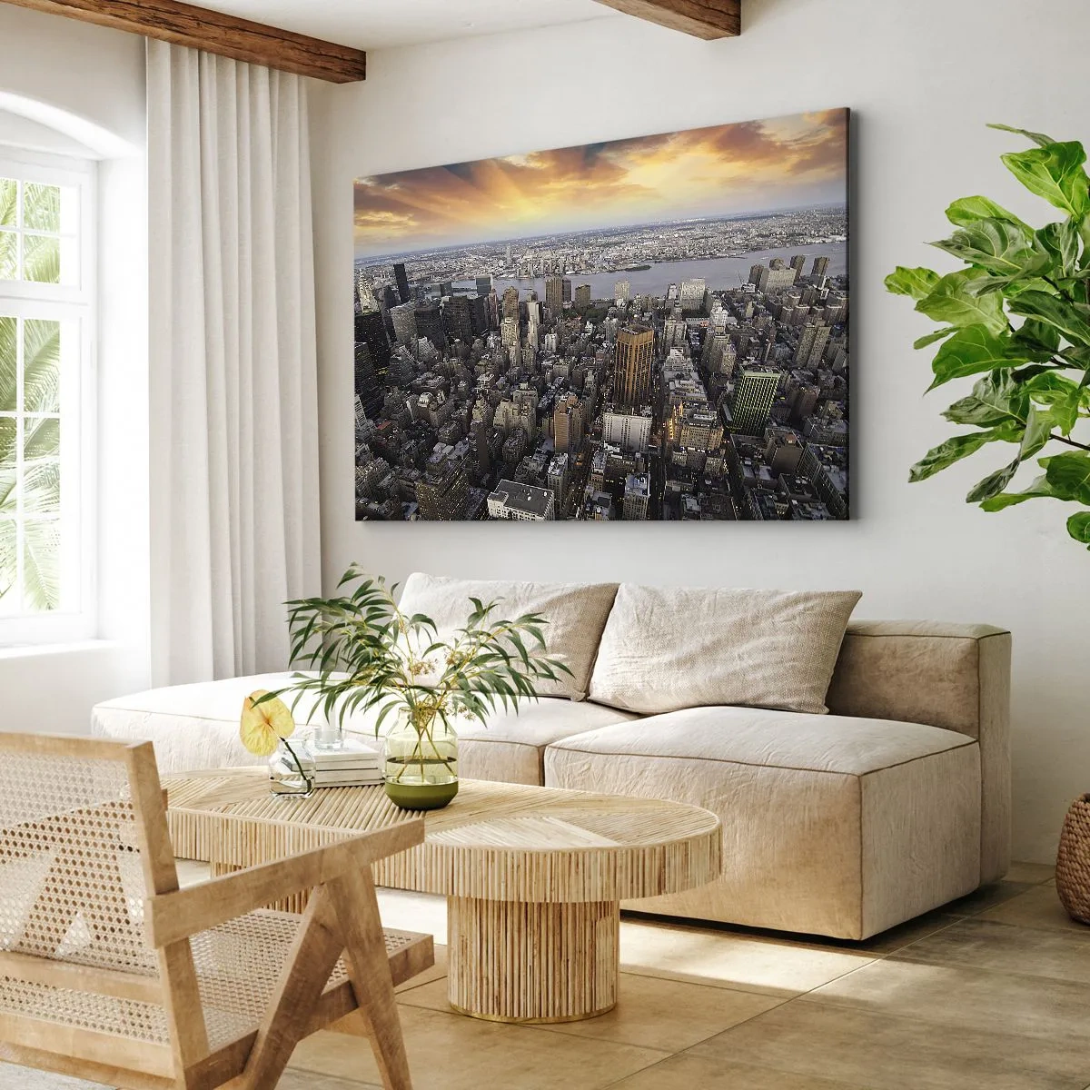 Schilderen op canvas - Uitzicht op de metropool met ondergaande zon - 70x50cm - Het kloppend hart van onze tijd - Moderne wanddecoratie voor woonkamer en slaapkamer ARTTOR