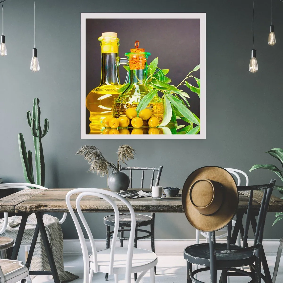 Poster - Stilleven met olijven en olijfolie - 60x60 cm