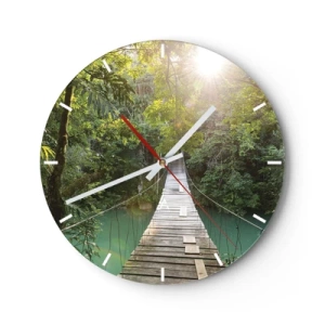 Wandklok - Klok - Houten hangbrug in de tropische jungle bij zonsopgang - 30x30cm - Over het azuurblauwe water naar het azuurblauwe woud - Moderne wanddecoratie voor woonkamer, keuken en slaapkamer ARTTOR