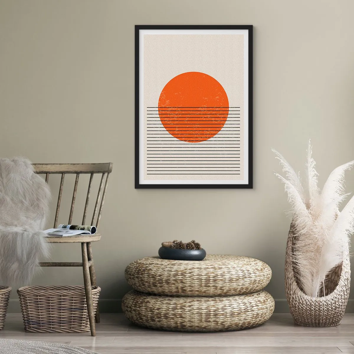 Poster in een zwarte lijst - Een minimalistische zonsondergang in geometrische vorm - 50x70cm - Altijd de zon - Moderne wanddecoratie voor woonkamer en slaapkamer ARTTOR