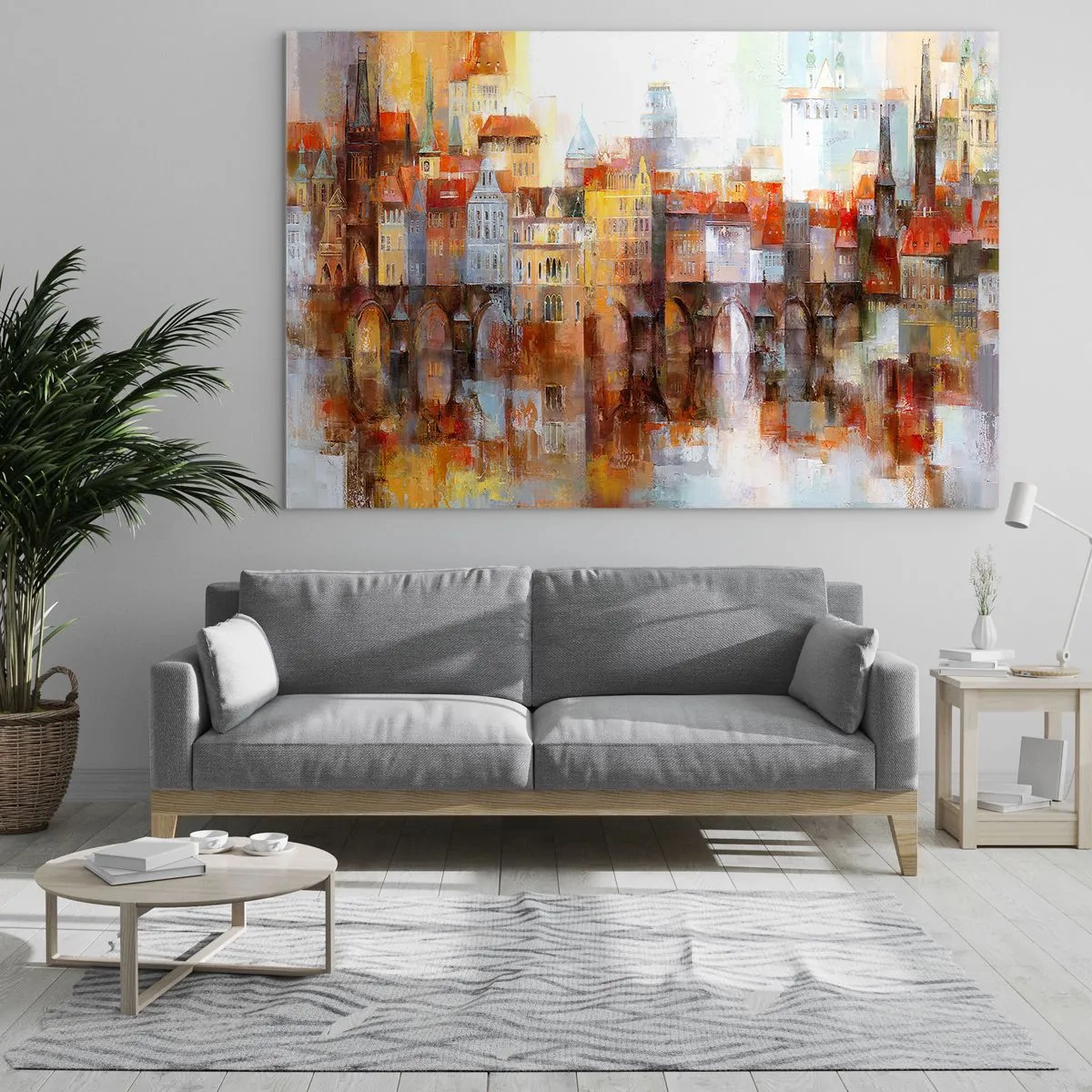 Schilderen op glas - Kleurrijk stadsgezicht met brug en weerspiegeling in het water - 70x50cm - Ook onder de brug is het mooi - Moderne wanddecoratie voor woonkamer en slaapkamer ARTTOR