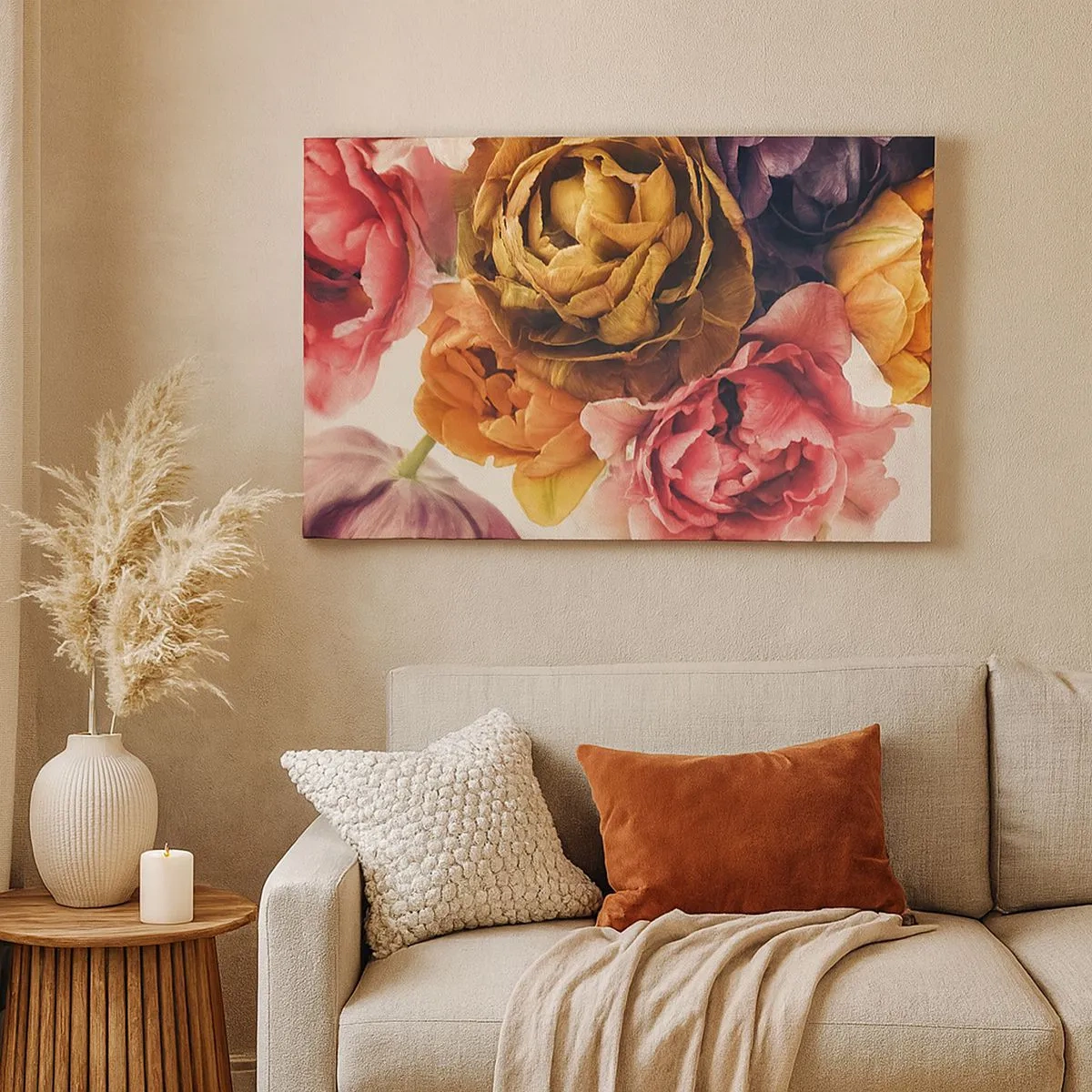 Schilderen op canvas - Een boeket van verschillende bloemen in intense kleuren - 70x50cm - Een viering van het leven - Moderne wanddecoratie voor woonkamer en slaapkamer ARTTOR