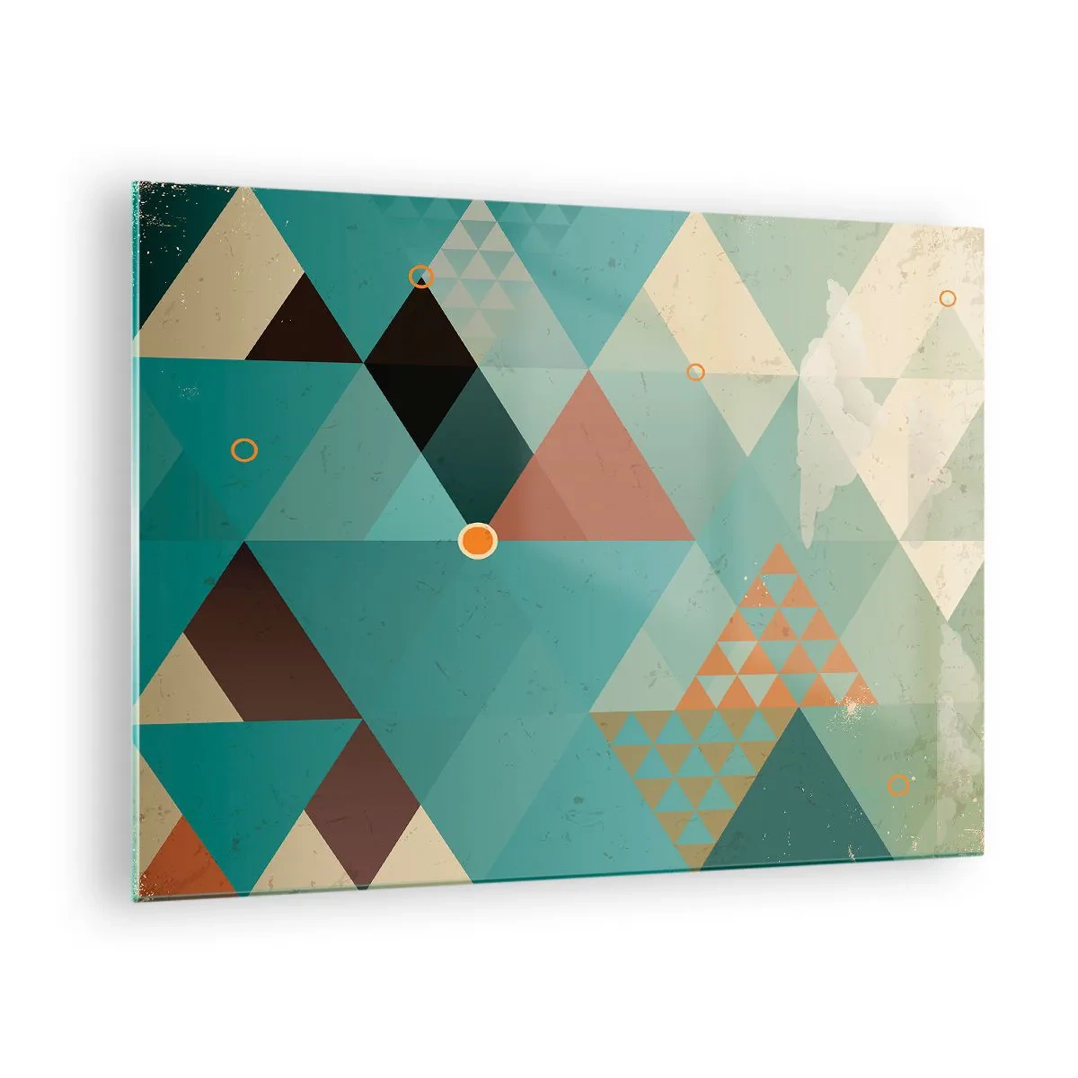 Schilderen op glas - Geometrie in tinten turquoise en bruin met driehoeken - 70x50cm - Eenheid van veelheid, veelheid van eenheid - Moderne wanddecoratie voor woonkamer en slaapkamer ARTTOR