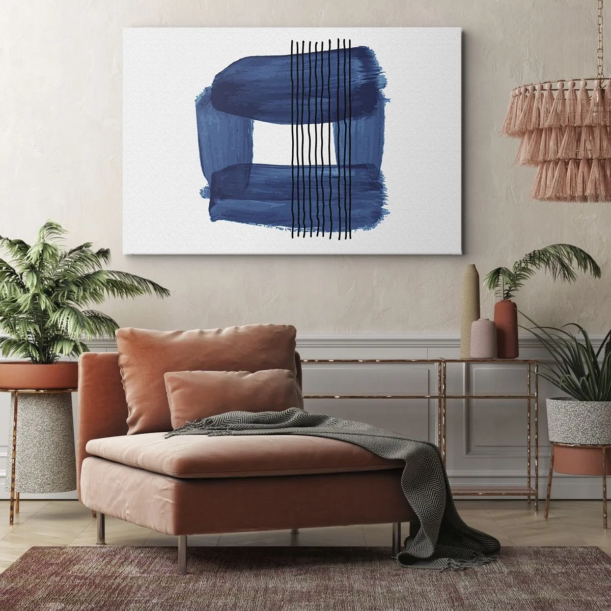 Schilderen op canvas - Abstract patroon in tinten blauw met zwarte lijnen - 70x50cm - Blauwe en zwarte compositie - Moderne wanddecoratie voor woonkamer en slaapkamer ARTTOR
