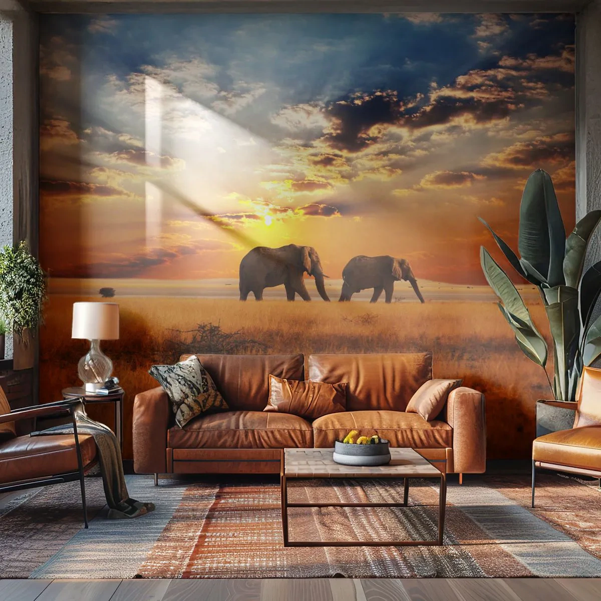 Fotobehang Premium Sand - Familie wandeling - Dieren, Afrika, Olifant - 100x70 cm