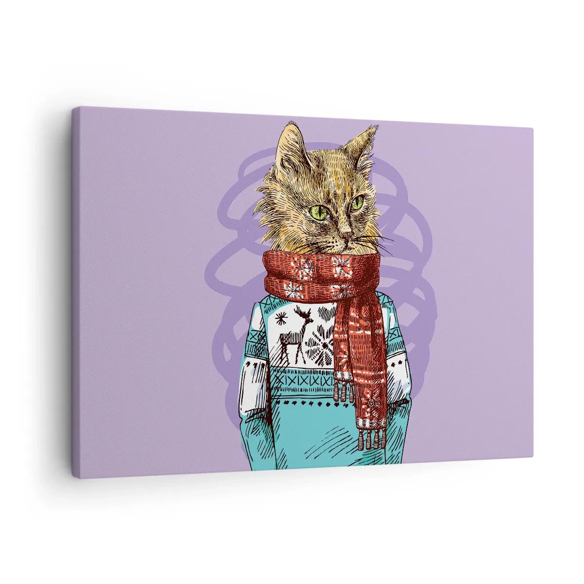 Schilderen op canvas - Een kat in een trui en sjaal op een paarse achtergrond - 70x50cm - De kat niet alleen in schoenen - Moderne wanddecoratie voor woonkamer en slaapkamer ARTTOR