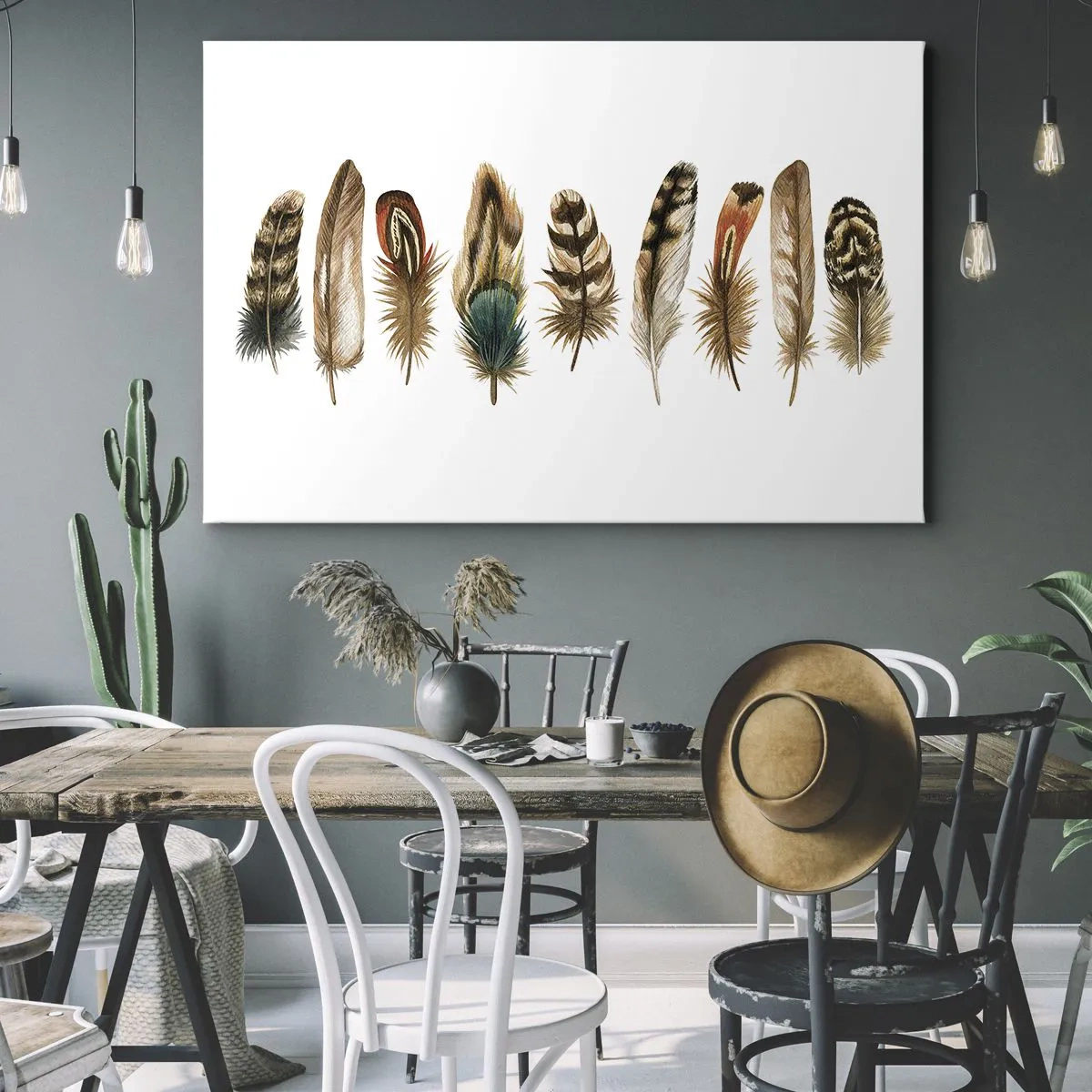 Schilderen op canvas - Decoratief motief van een verzameling van verschillende veren - 70x50cm - Een gevederde variatie - Moderne wanddecoratie voor woonkamer en slaapkamer ARTTOR