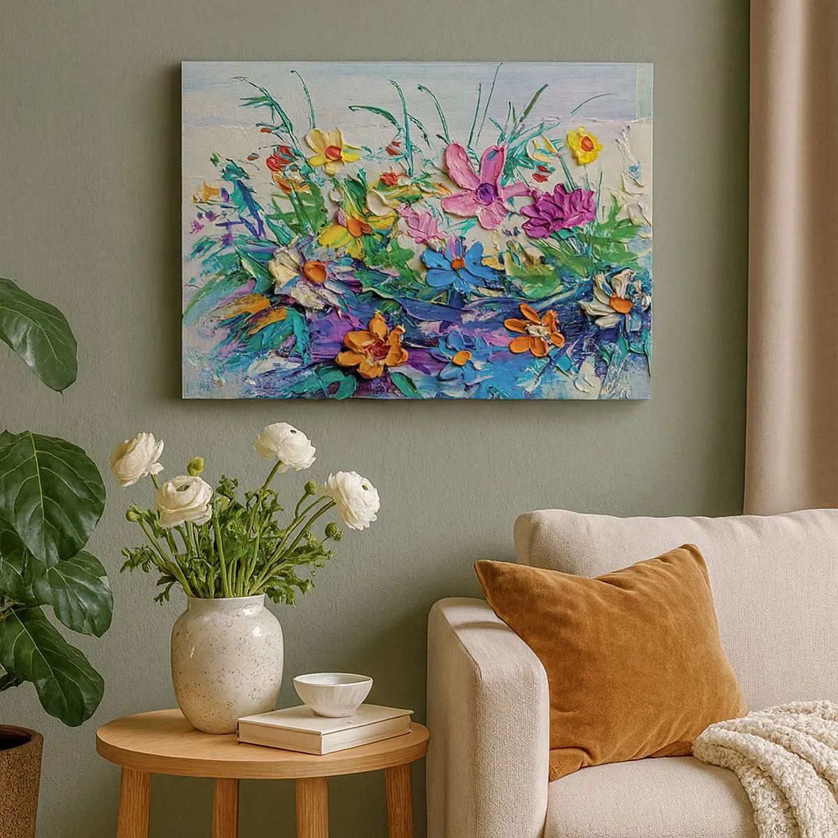 Schilderen op canvas - Een kleurrijk boeket bloemen geschilderd met de impasto-techniek - 70x50cm - Helemaal geen stilleven - Moderne wanddecoratie voor woonkamer en slaapkamer ARTTOR