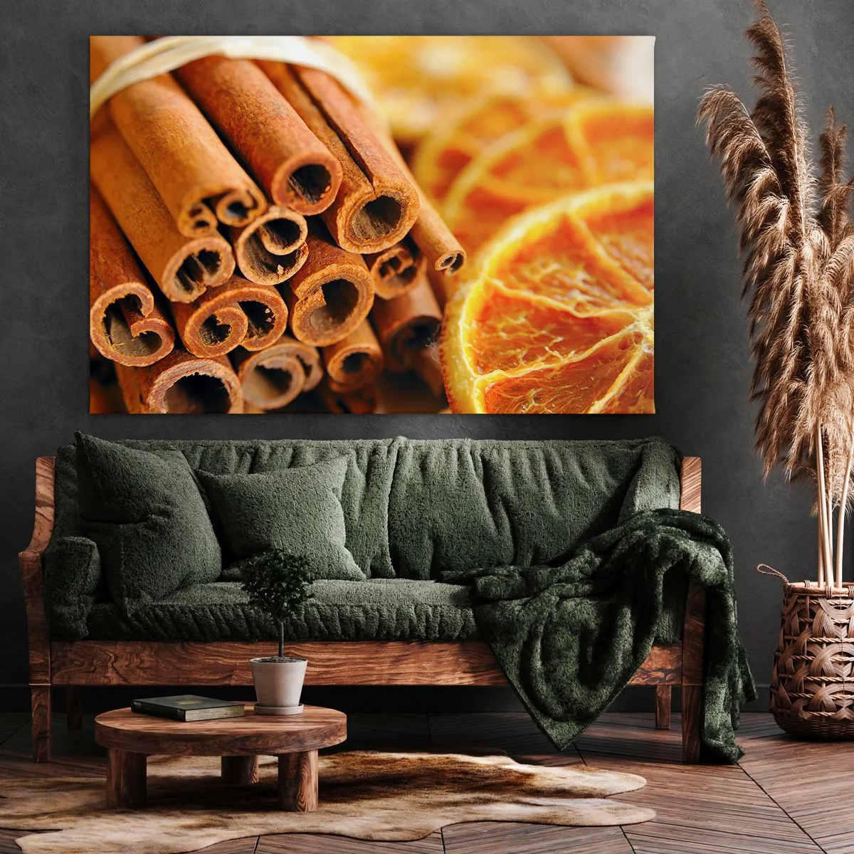 Schilderen op canvas - Kaneelstokjes met gedroogde sinaasappelschijfjes in warme kleuren - 70x50cm - Kun je hun geur ruiken? - Moderne wanddecoratie voor woonkamer en slaapkamer ARTTOR