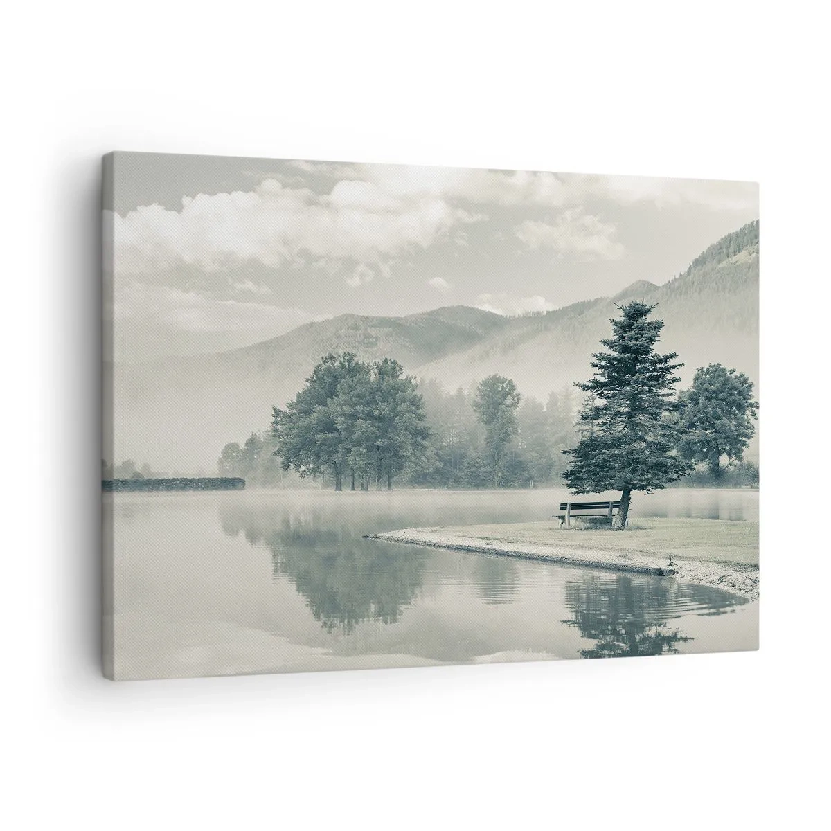 Schilderen op canvas - Een schilderachtig meer met een bankje en mist op de achtergrond - 70x50cm - Het meer slaapt nog - Moderne wanddecoratie voor woonkamer en slaapkamer ARTTOR