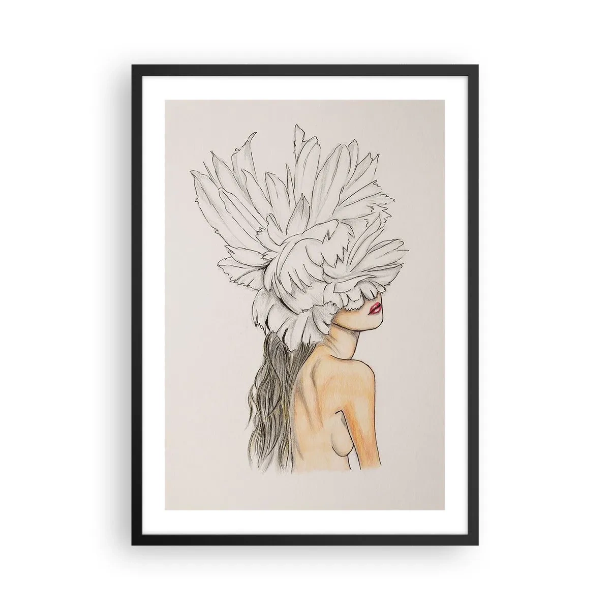 Poster in een zwarte lijst - Portret van een vrouw met een verenhoed in artistieke stijl - 50x70cm - gekroonde schoonheid - Moderne wanddecoratie voor woonkamer en slaapkamer ARTTOR