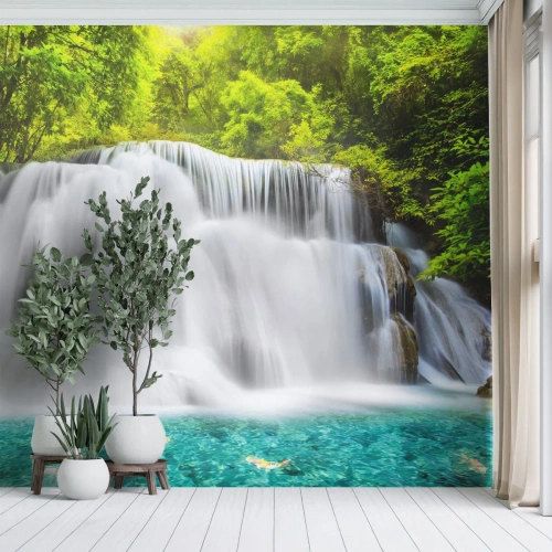 Fotobehang op maat Premium Canvas - Een schuimige waterval van groen naar azuurblauw - Landschap, Waterval, Nationaal Park