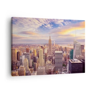 Schilderen op canvas - Panorama van een moderne stad met wolkenkrabbers bij zonsondergang - 70x50cm - Reik alleen naar de wolken - Moderne wanddecoratie voor woonkamer en slaapkamer ARTTOR