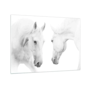 Schilderen op glas - Twee witte paarden tegenover elkaar tegen een lichte achtergrond - 70x50cm - Is dit vriendschap...? - Moderne wanddecoratie voor woonkamer en slaapkamer ARTTOR