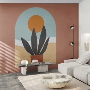 Fotobehang Standard Eco - Minimalistische potplantenafbeelding met zonsondergang - 100x70cm - Kleine geneugten - Moderne wanddecoratie voor woonkamer en slaapkamer ARTTOR