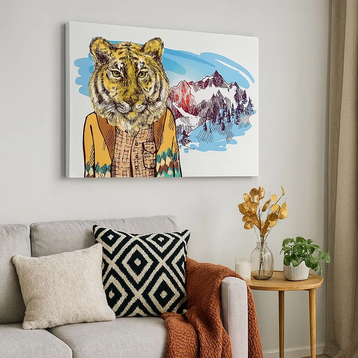Schilderen op canvas - Een tijger in een jas tegen een berglandschap - 70x50cm - Niet zo wild als ze hem tekenen - Moderne wanddecoratie voor woonkamer en slaapkamer ARTTOR