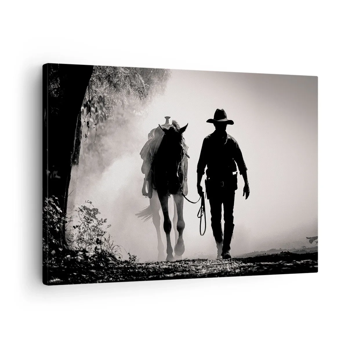 Schilderen op canvas - Cowboy met paard in de ochtendmist - 70x50cm - Texas ochtend - Moderne wanddecoratie voor woonkamer en slaapkamer ARTTOR