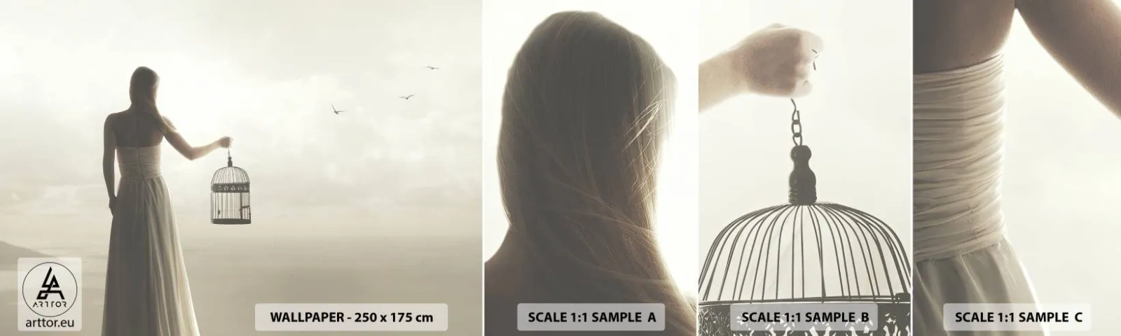 Fotobehang Staaltje Standard Eco - Wees vrij - Vrouw, Vogelkooi, Vogel - 100x30 cm