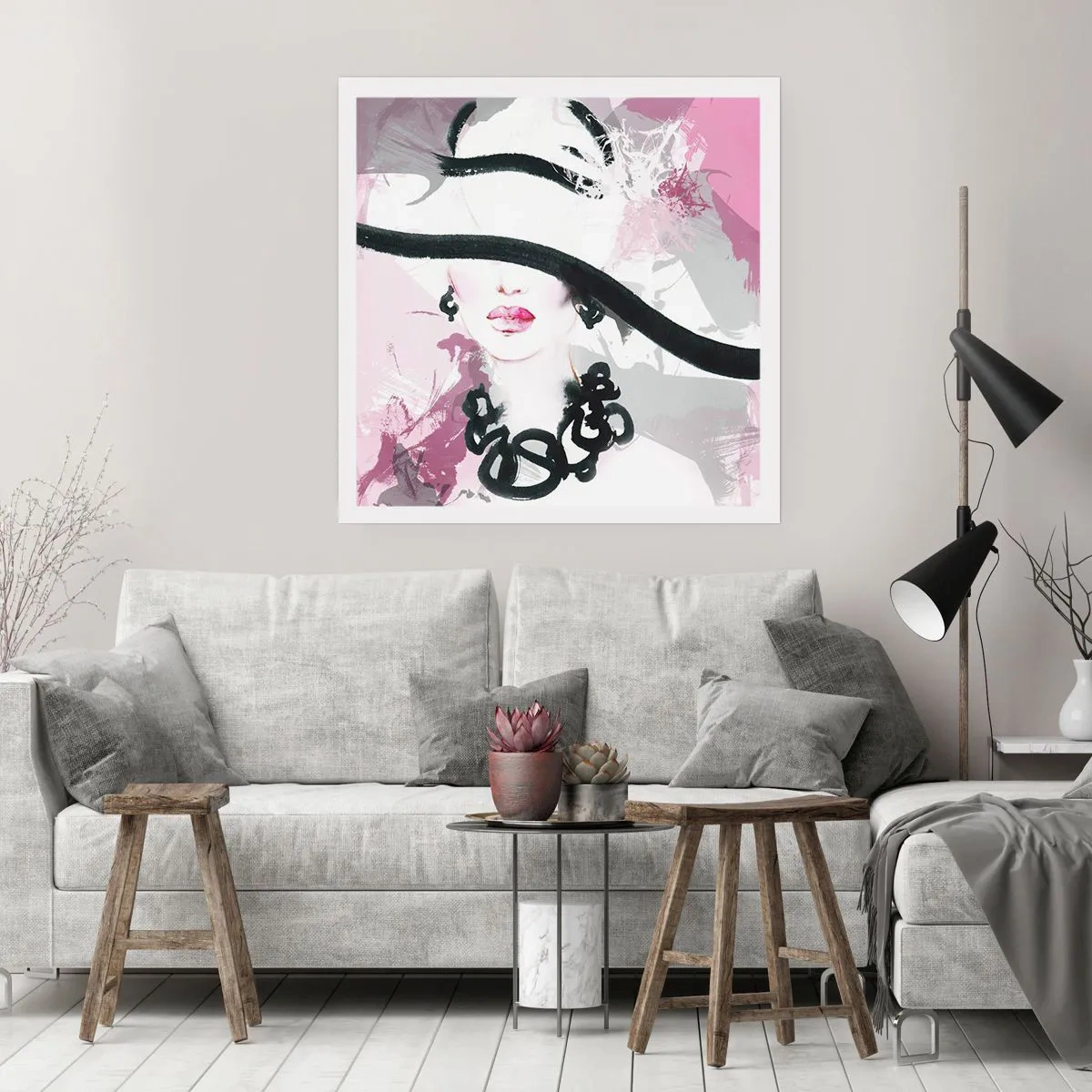 Poster - Portret van een dame in zwart en roze - 60x60 cm