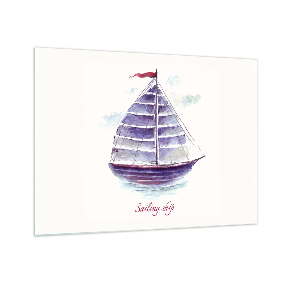 Schilderen op glas - Aquarel zeilschip met het opschrift Zeilschip - 70x50cm - Volle zeilen en rustig water - Moderne wanddecoratie voor woonkamer en slaapkamer ARTTOR