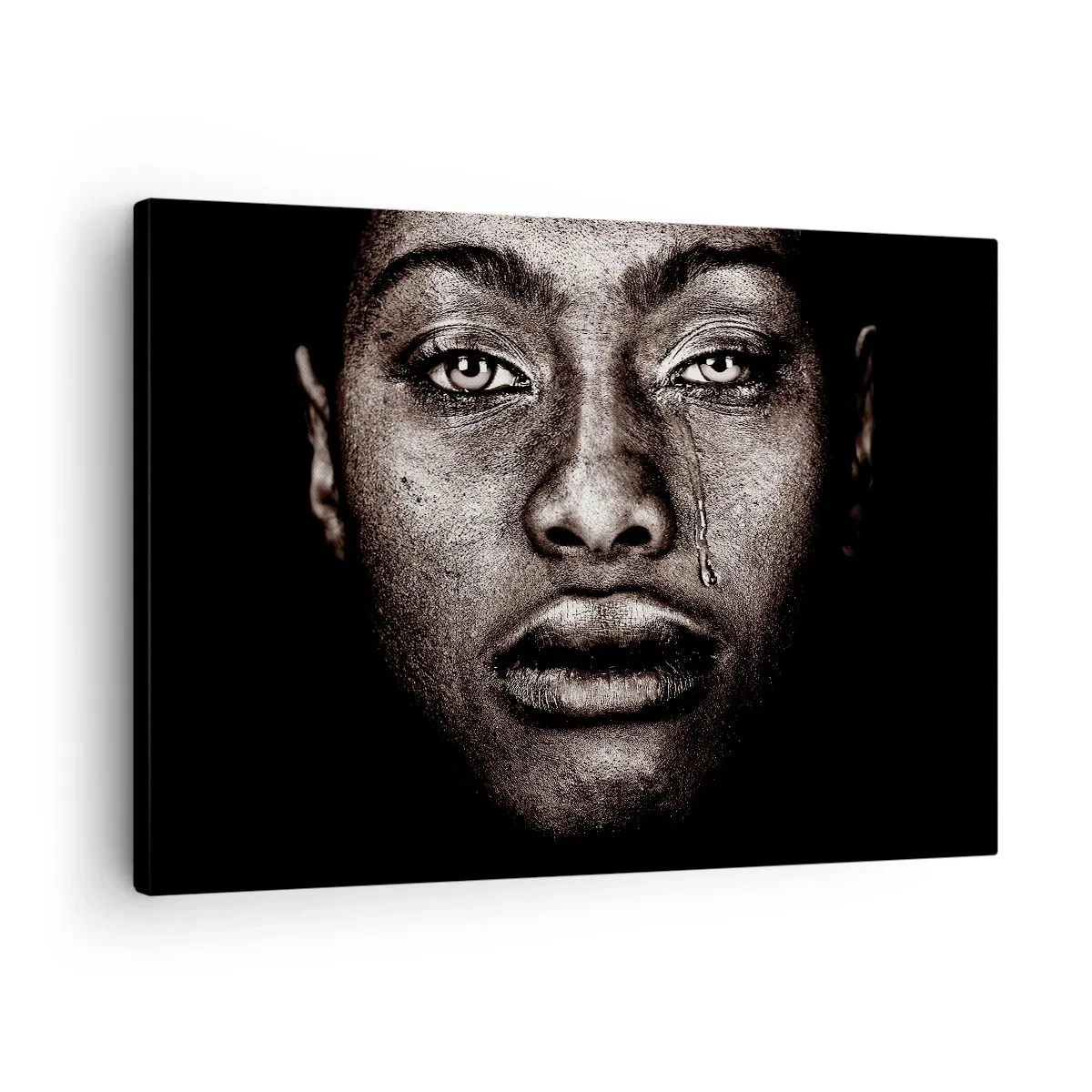 Schilderen op canvas - Portret van een gezicht met een enkele traan op een zwarte achtergrond - 70x50cm - een traan - Moderne wanddecoratie voor woonkamer en slaapkamer ARTTOR