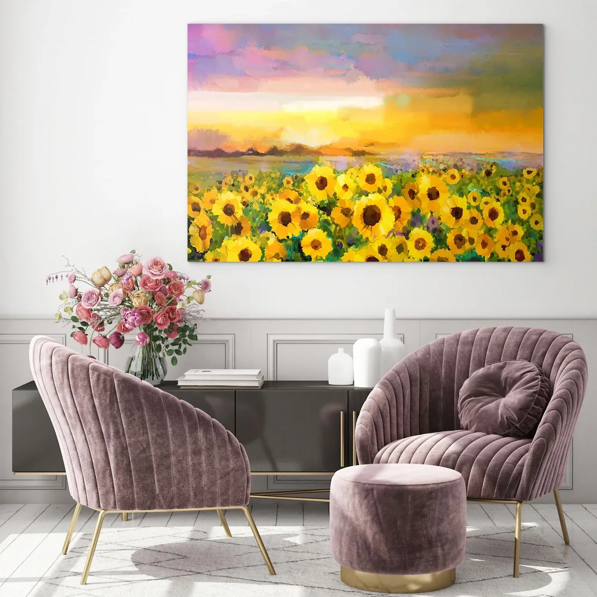 Schilderen op glas - Een veld zonnebloemen in het licht van de ondergaande zon - 70x50cm - De zon zelf daalde naar de aarde - Moderne wanddecoratie voor woonkamer en slaapkamer ARTTOR