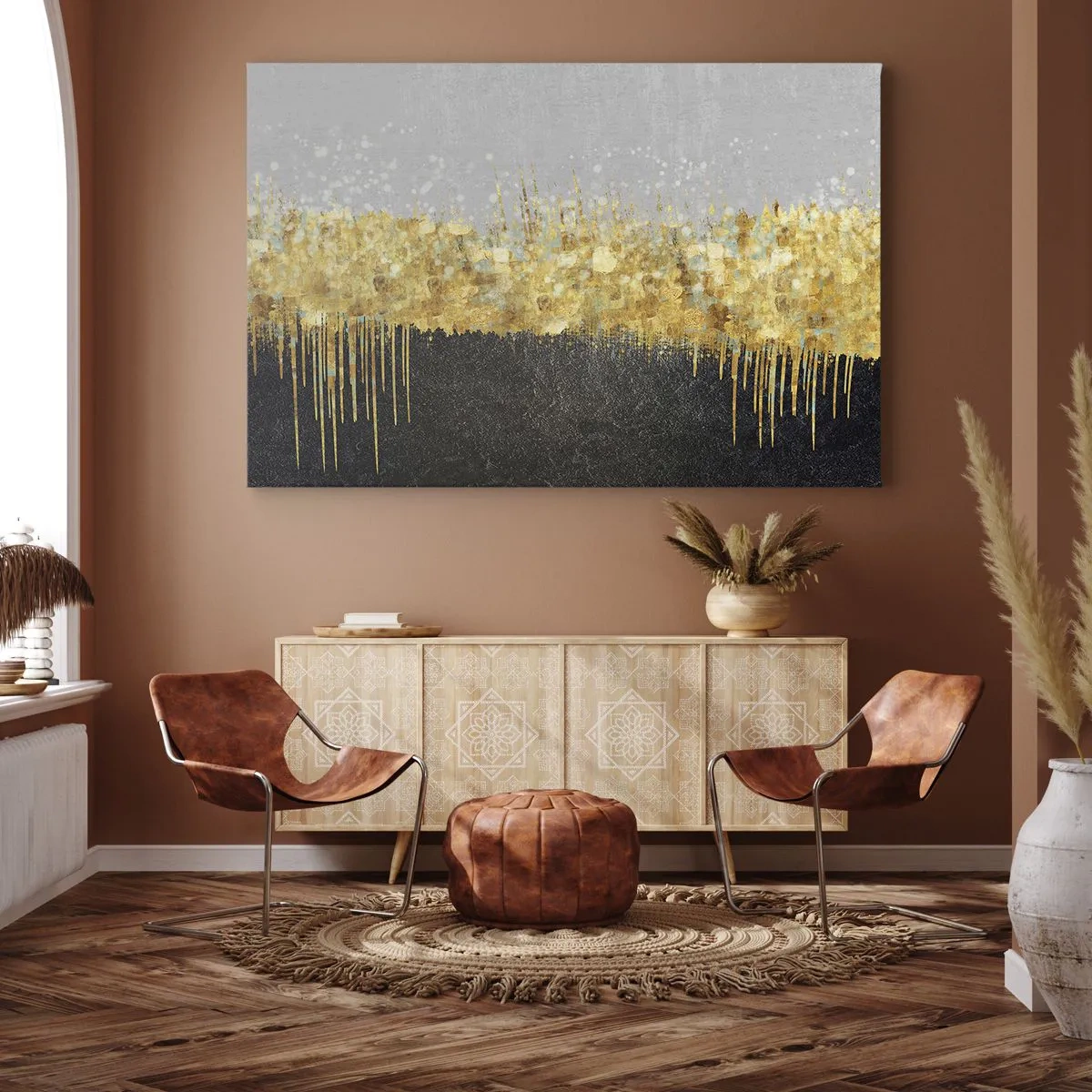 Schilderen op canvas - Abstracte compositie in tinten goud en zwart - 70x50cm - Naar binnen en naar boven - Moderne wanddecoratie voor woonkamer en slaapkamer ARTTOR