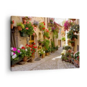 Schilderen op canvas - Een straat met potplanten en stenen muren - 70x50cm - In de vloed van bloemen - Moderne wanddecoratie voor woonkamer en slaapkamer ARTTOR