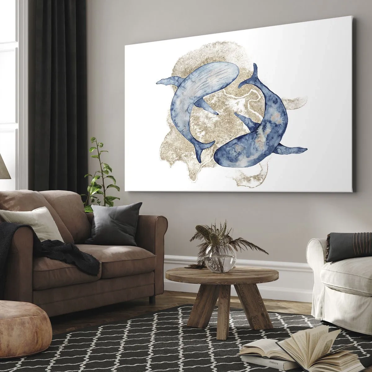 Schilderen op canvas - Abstracte blauwe vinvissen op een lichte achtergrond - 70x50cm - Vriendschap of liefde? - Moderne wanddecoratie voor woonkamer en slaapkamer ARTTOR