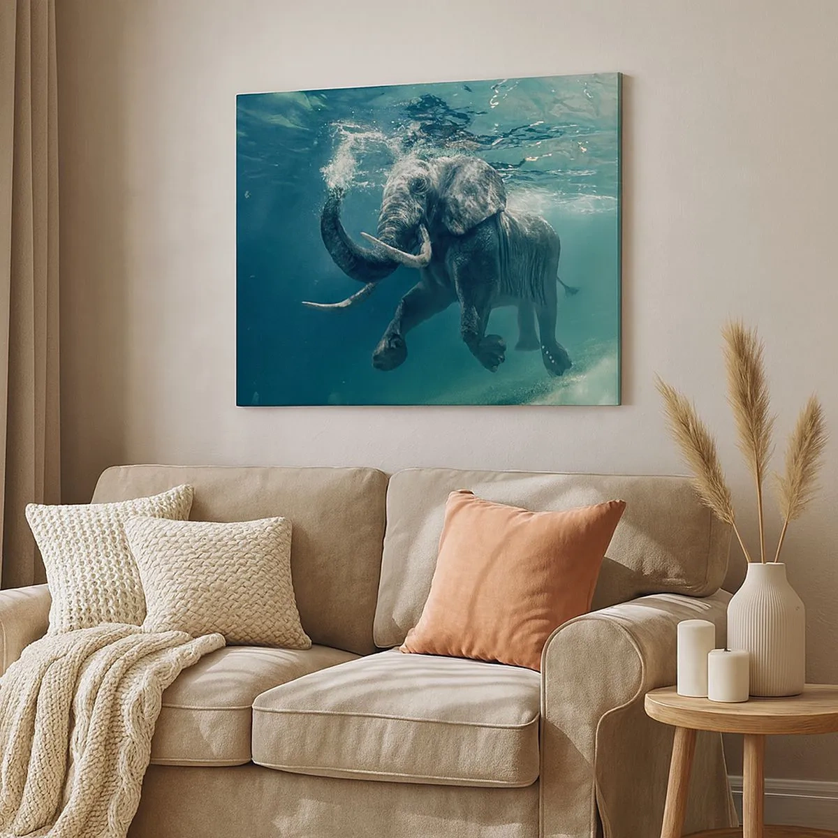 Schilderen op canvas - Een olifant zwemt onder water in de turquoise diepten - 70x50cm - Iedereen houdt van zwemmen - Moderne wanddecoratie voor woonkamer en slaapkamer ARTTOR