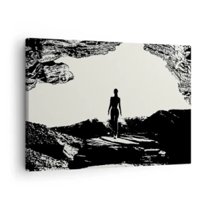 Schilderen op canvas - Zwart-wit silhouet van een vrouw in een grot tegen de lucht - 70x50cm - Een nieuwe kijk - Moderne wanddecoratie voor woonkamer en slaapkamer ARTTOR