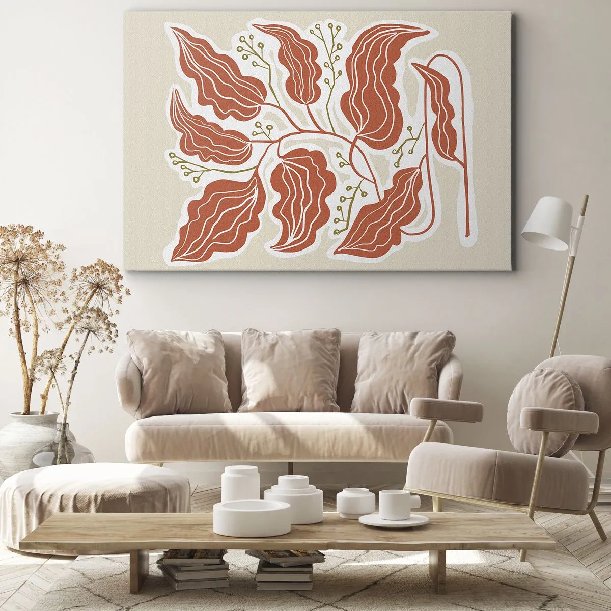 Schilderen op canvas - Een minimalistisch bladmotief in tinten oranje en groen. - 70x50cm - Folk en koraal - Moderne wanddecoratie voor woonkamer en slaapkamer ARTTOR
