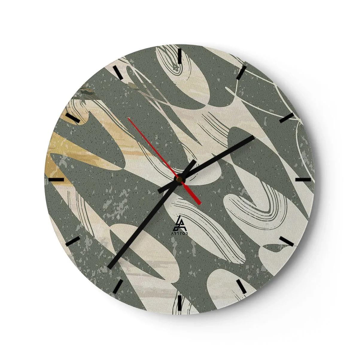 Wandklok - Klok - Organische, ritmische vormen op een olijfkleurige achtergrond - 30x30cm - Ritmische abstractie - Moderne wanddecoratie voor woonkamer, keuken en slaapkamer ARTTOR