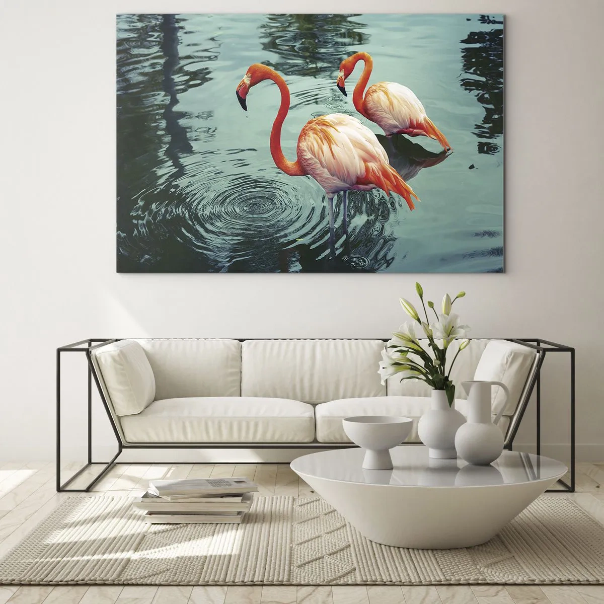 Schilderen op glas - Flamingo's op het water in een harmonieuze compositie - 70x50cm - We zijn nu in de mode - Moderne wanddecoratie voor woonkamer en slaapkamer ARTTOR