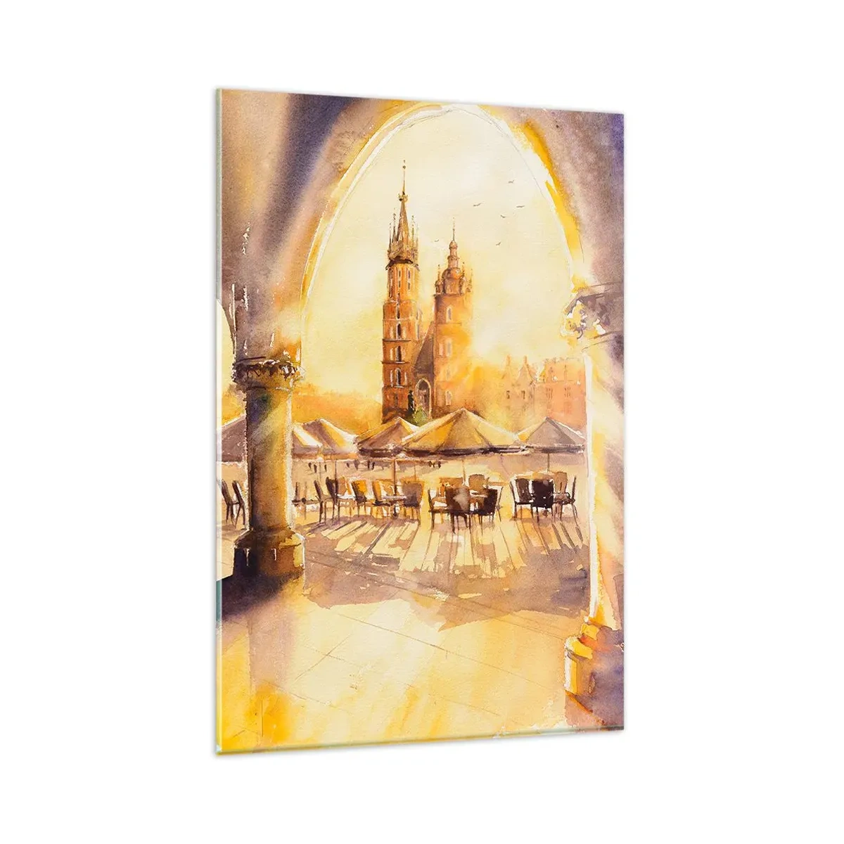 Schilderen op glas - Zonsopgang boven het marktplein van Krakau - 80x120 cm