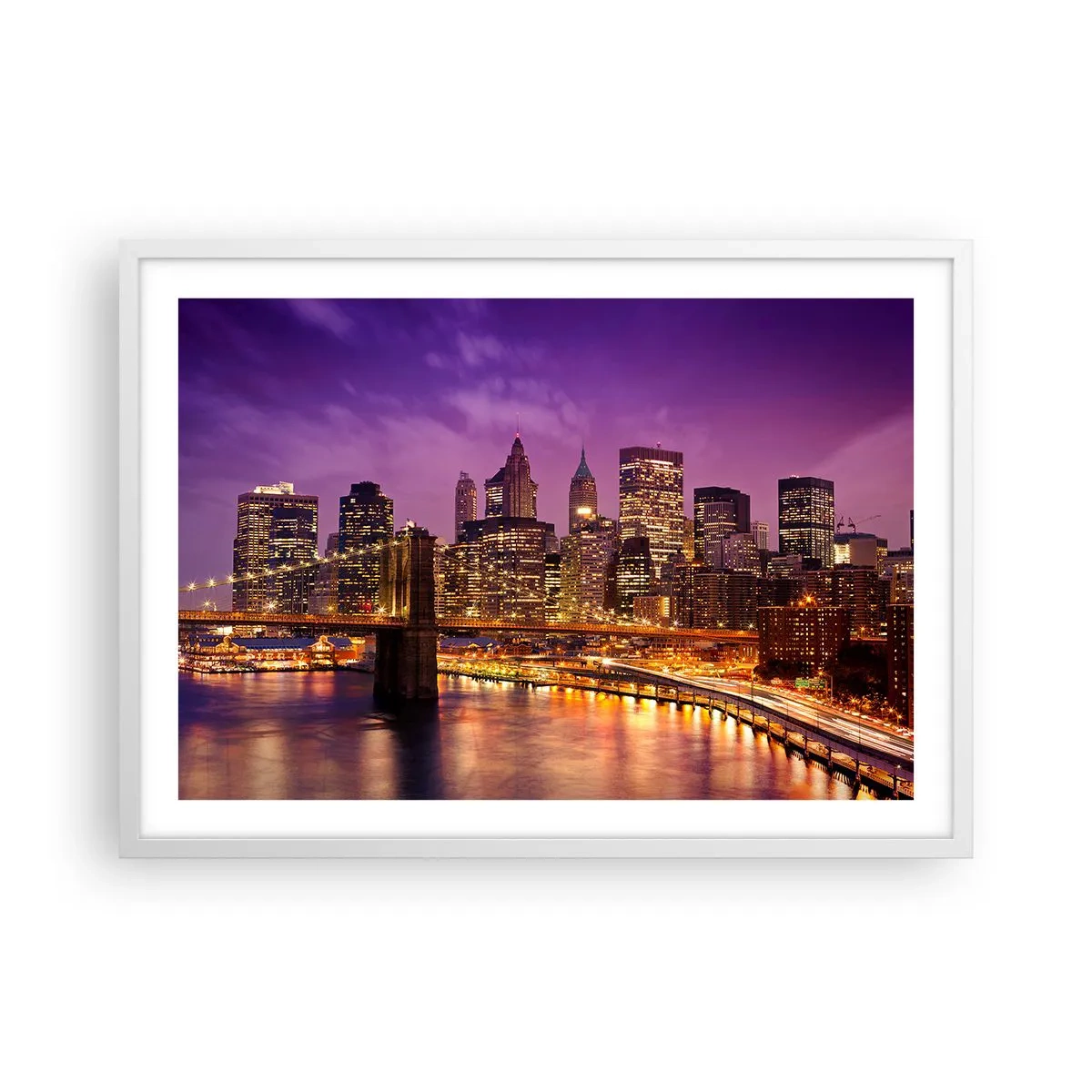 Poster in een witte lijst - Violet-goud Manhattan - 70x50 cm