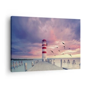 Schilderen op canvas - Een vuurtoren op de pier, omringd door een schilderachtige zonsondergang - 70x50cm - Het is tijd naar de haven te gaan - Moderne wanddecoratie voor woonkamer en slaapkamer ARTTOR