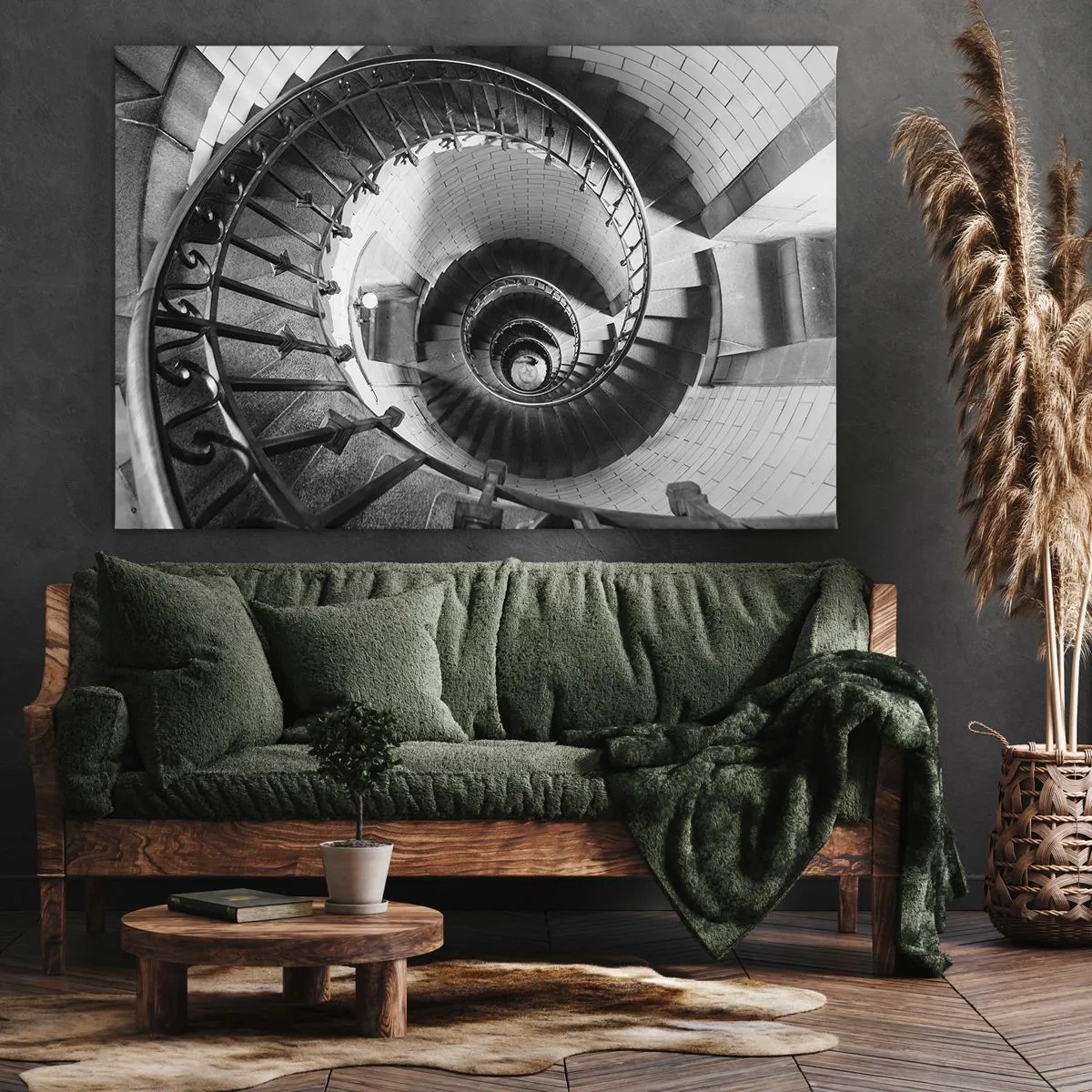Schilderen op canvas - Zwart-witfoto van een wenteltrap met een top-down perspectief - 70x50cm - Hoger en hoger - Moderne wanddecoratie voor woonkamer en slaapkamer ARTTOR