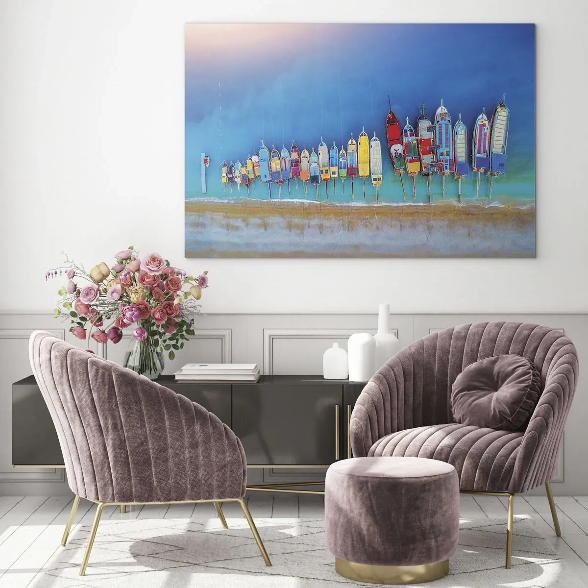 Schilderen op glas - Kleurrijke boten aan de kust van de turquoise zee - 70x50cm - Vanuit vogelperspectief - Moderne wanddecoratie voor woonkamer en slaapkamer ARTTOR