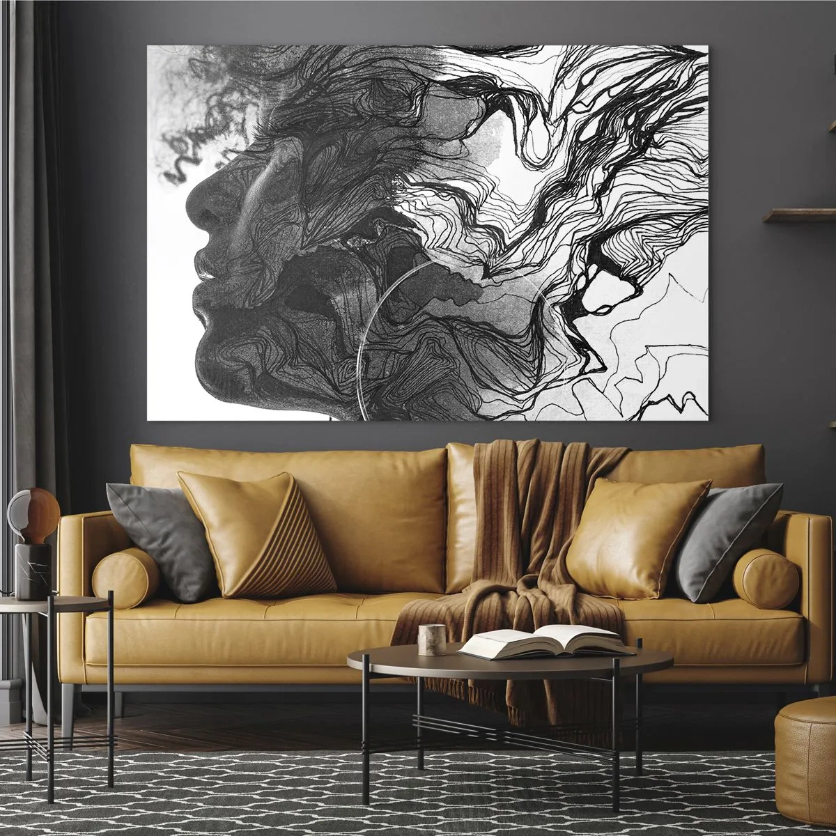 Schilderen op glas - Zwart-wit silhouet van een vrouw met abstracte lijnen - 70x50cm - Verstrikt in dromen - Moderne wanddecoratie voor woonkamer en slaapkamer ARTTOR