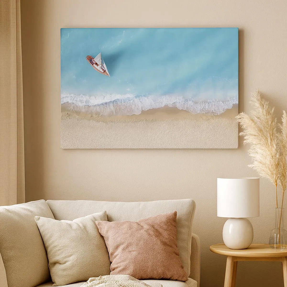 Schilderen op canvas - Een vogelperspectief van een boot op het strand - 70x50cm - Op de grens van blauw en goud - Moderne wanddecoratie voor woonkamer en slaapkamer ARTTOR