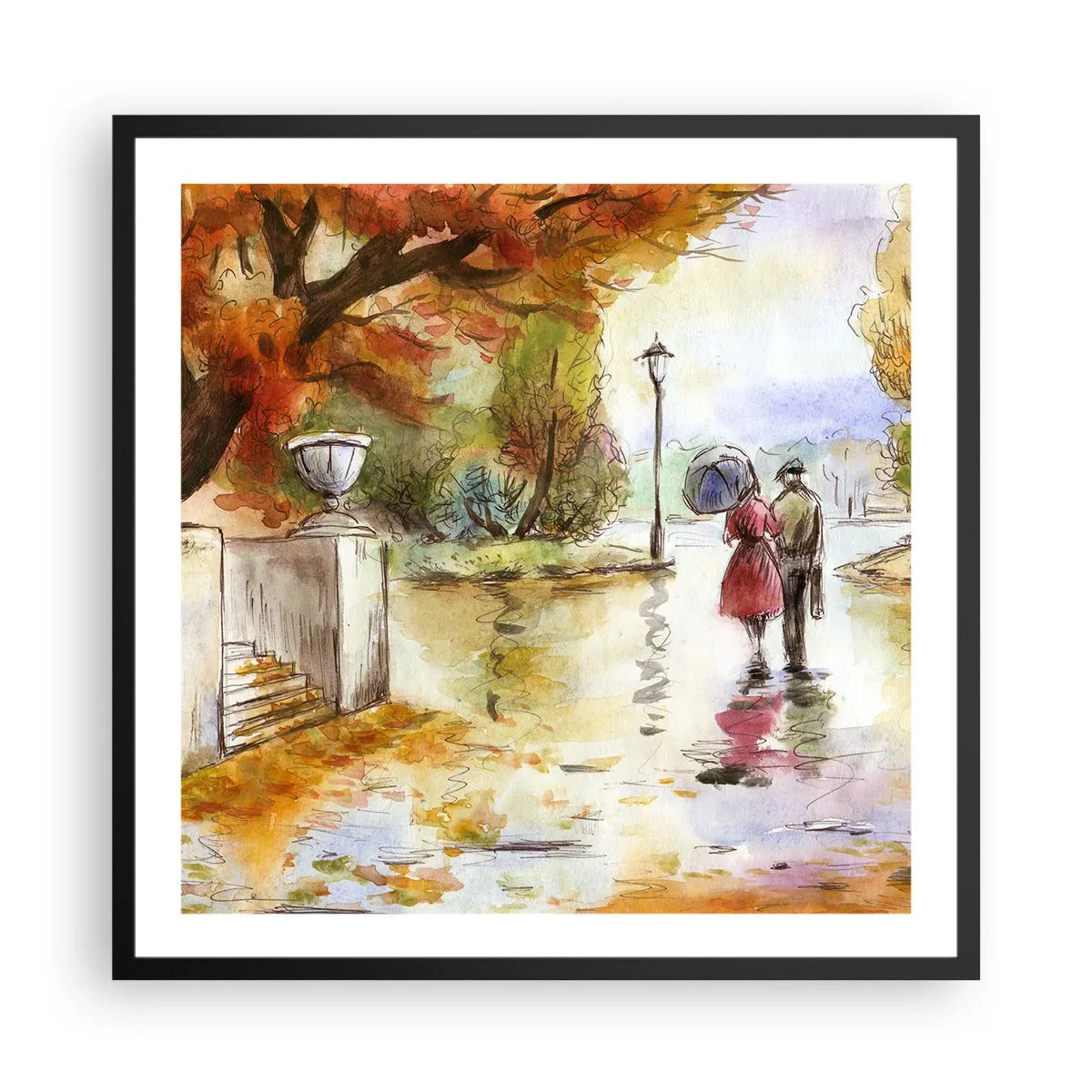 Poster in een zwarte lijst - Romantische herfst in het park - 60x60 cm