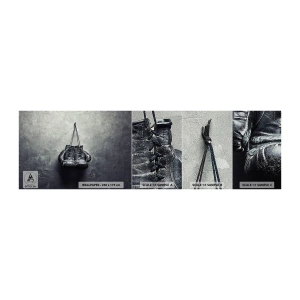 Fotobehang Monster Premium Sand - Tijd van strijd en Tijd van vrede - Doos, Bokshandschoenen, Vintage - 100x30 cm