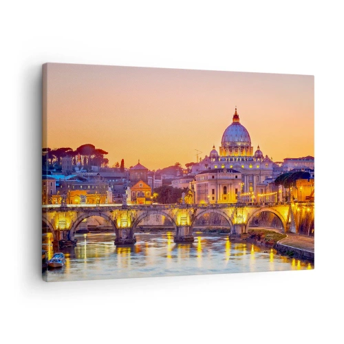 Schilderen op canvas - Panorama van het Vaticaan bij zonsondergang met een brug over de rivier - 70x50cm - Zonsondergang boven de Eeuwige Stad - Moderne wanddecoratie voor woonkamer en slaapkamer ARTTOR