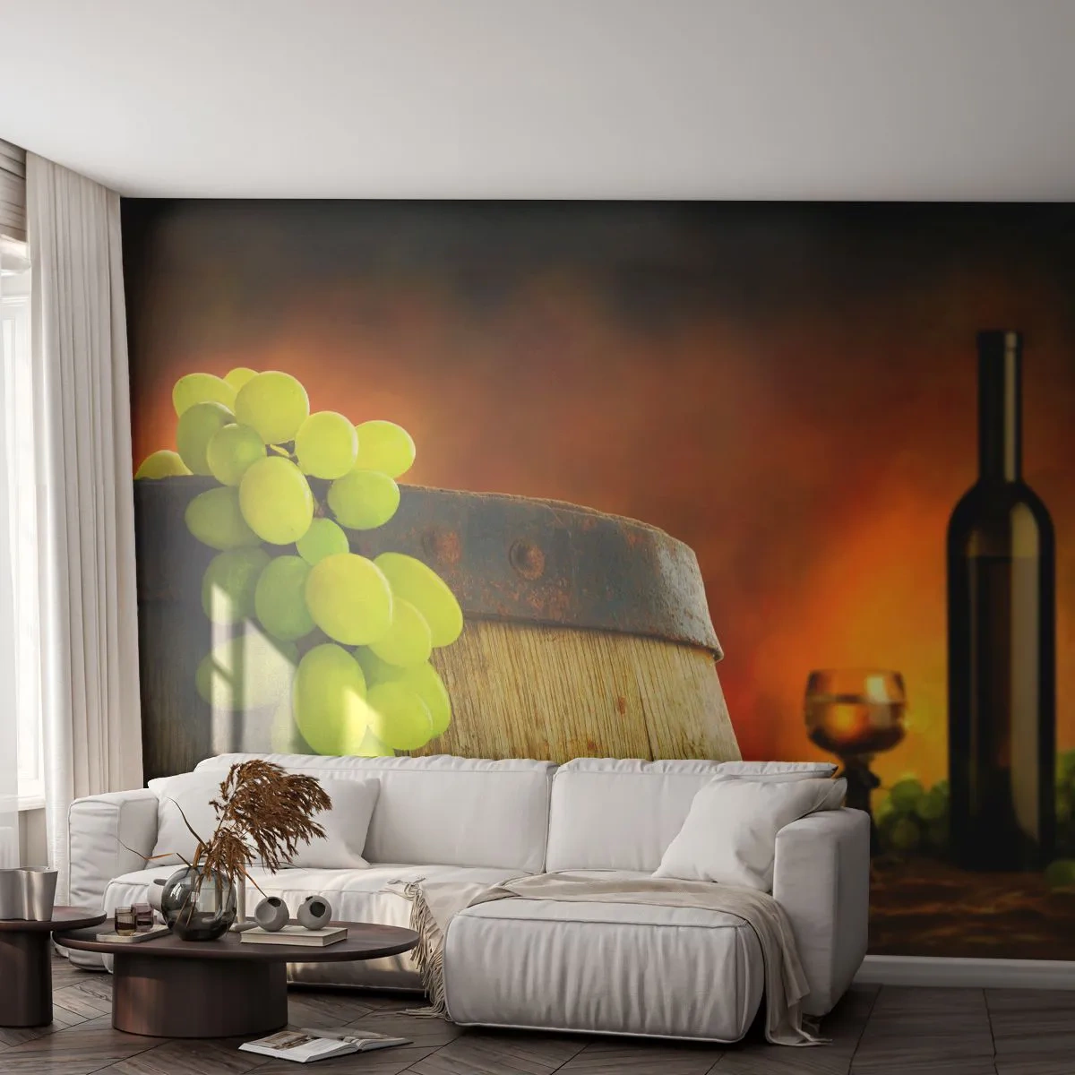 Zelfklevend Fotobehang Deluxe Sticker - Stilleven met een fles wijn en een tros druiven - Druif, Wijn, Wijnvat - 250x175 cm